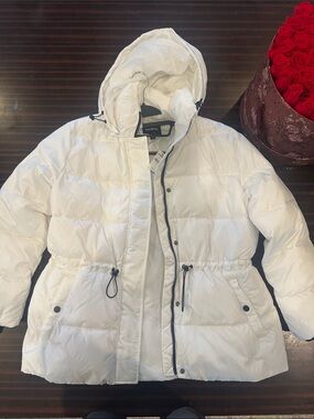 Express White Puffer Jacket with Hood - Women's Quilted Coat